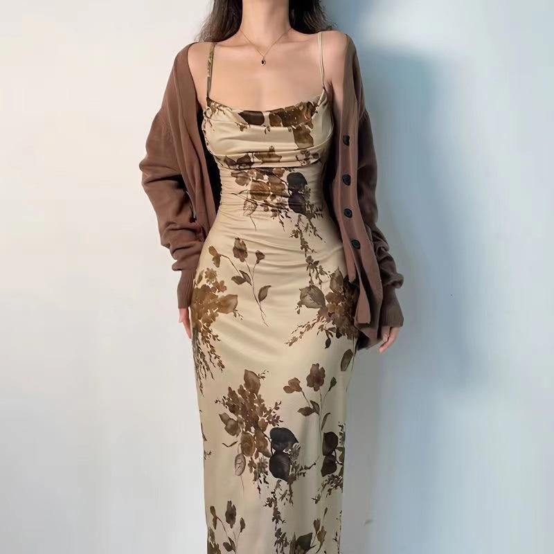 Women's French Style Floral Print Satin Midi Dress, Spaghetti Strap Cowl Neck Vintage Bodycon Dress for Elegant Evening Wear