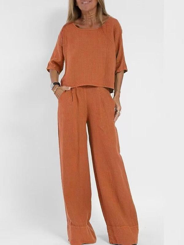 Women's Casual Cotton-Linen Two-Piece: Pocket Trousers & Short-Sleeve Pullover Top for Spring/Summer.