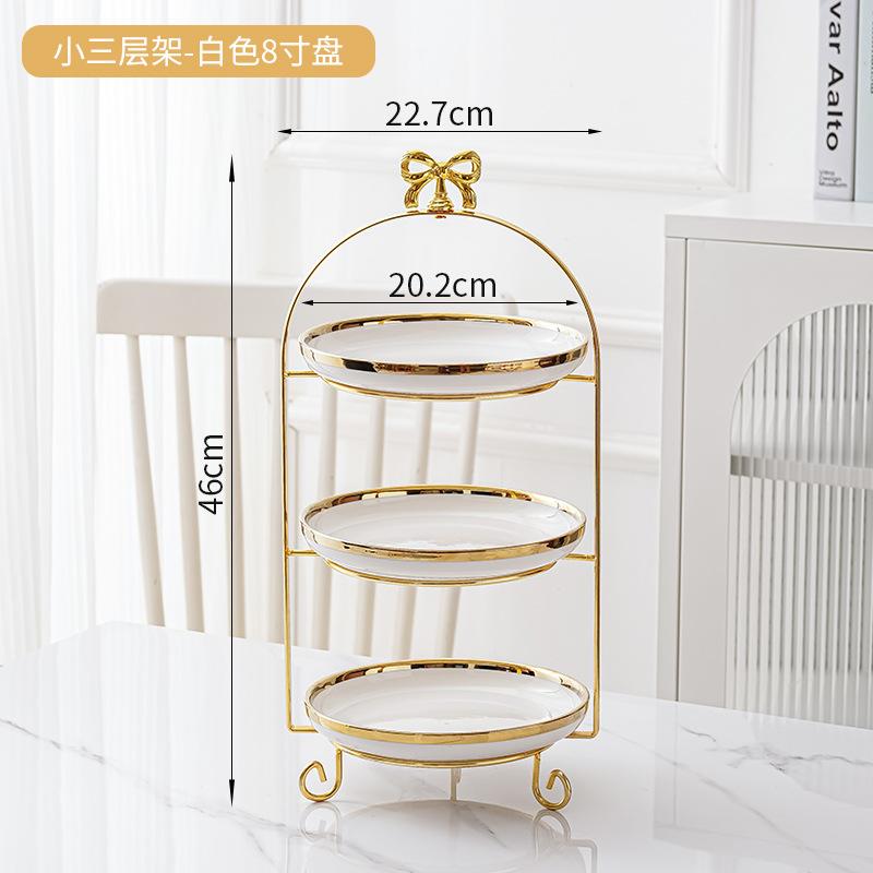 Golden Edged Double-layer Ceramic Tray, Cake Rack, Snack, Fruit Tray, Afternoon Tea Dessert Display Stand, Metal Bow Bracket