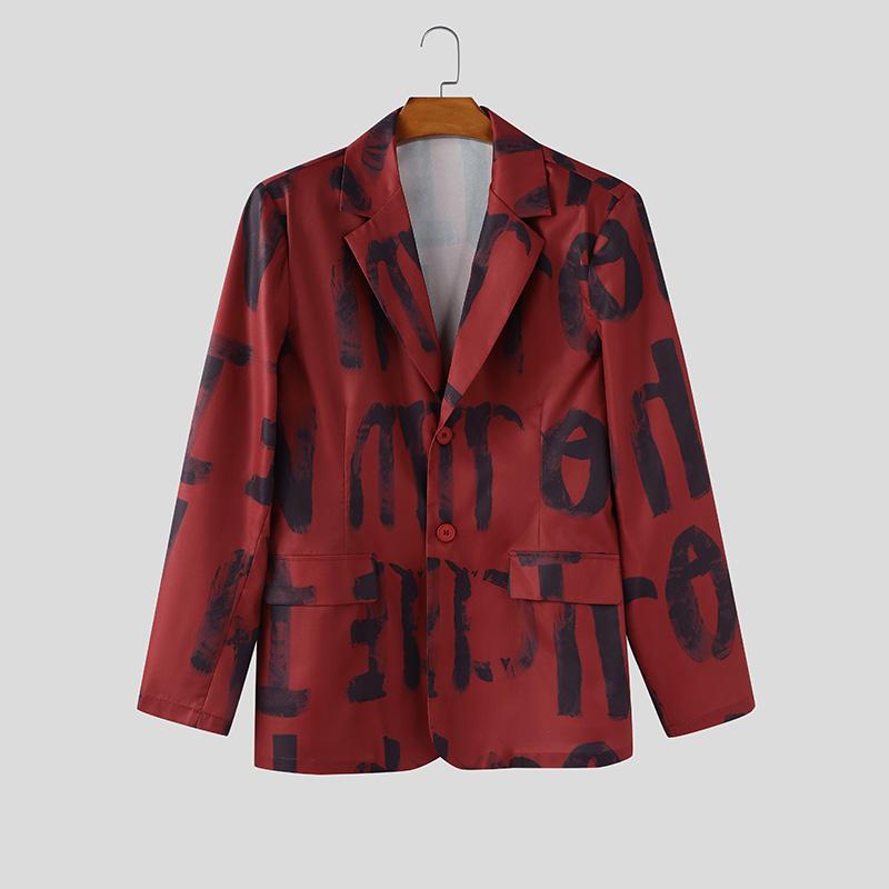 

INCERUN Oversized Spring Men Lapel Neck Long Sleeve Print Button Thin Blazer Coats 5XL вина червоного кольору