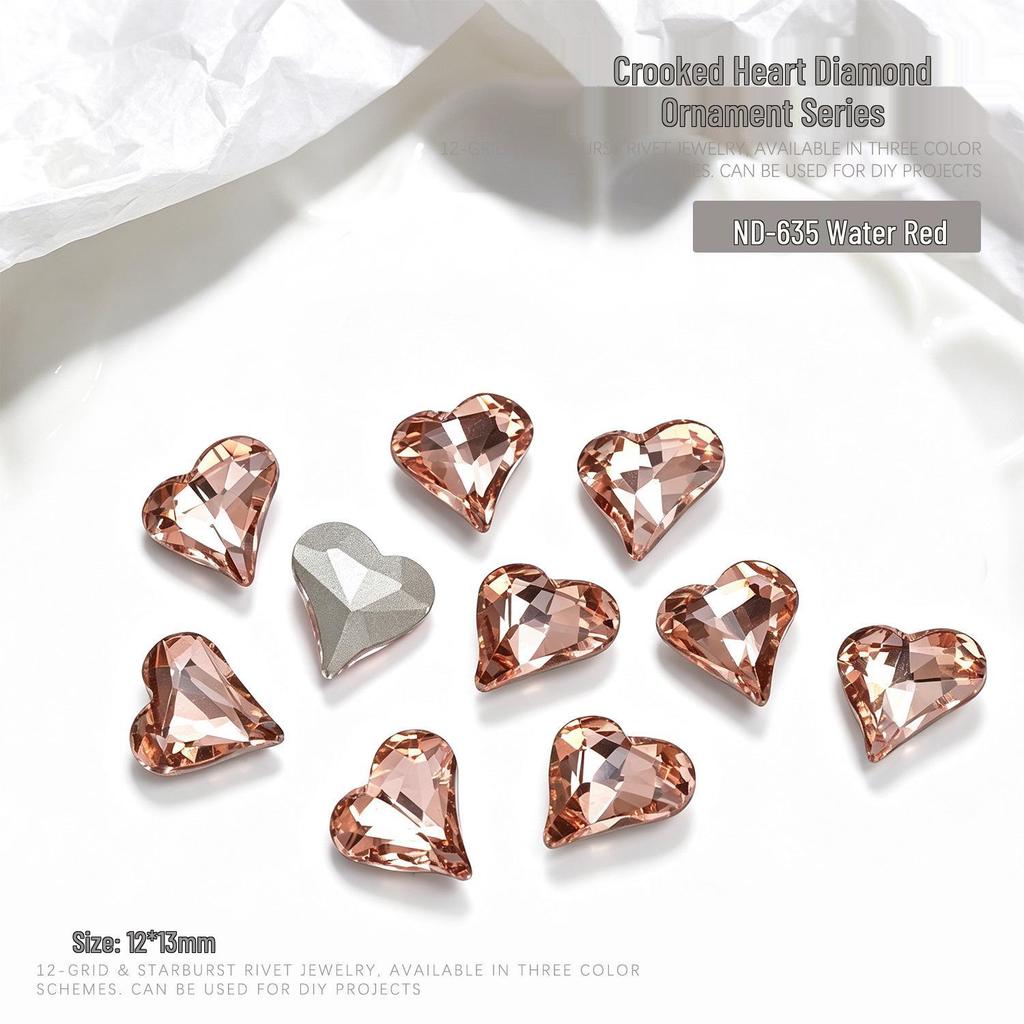"10-Piece Heart-Shaped Nail Art Accessories with Pointed Bottom Transparent and Colorful Diamonds"