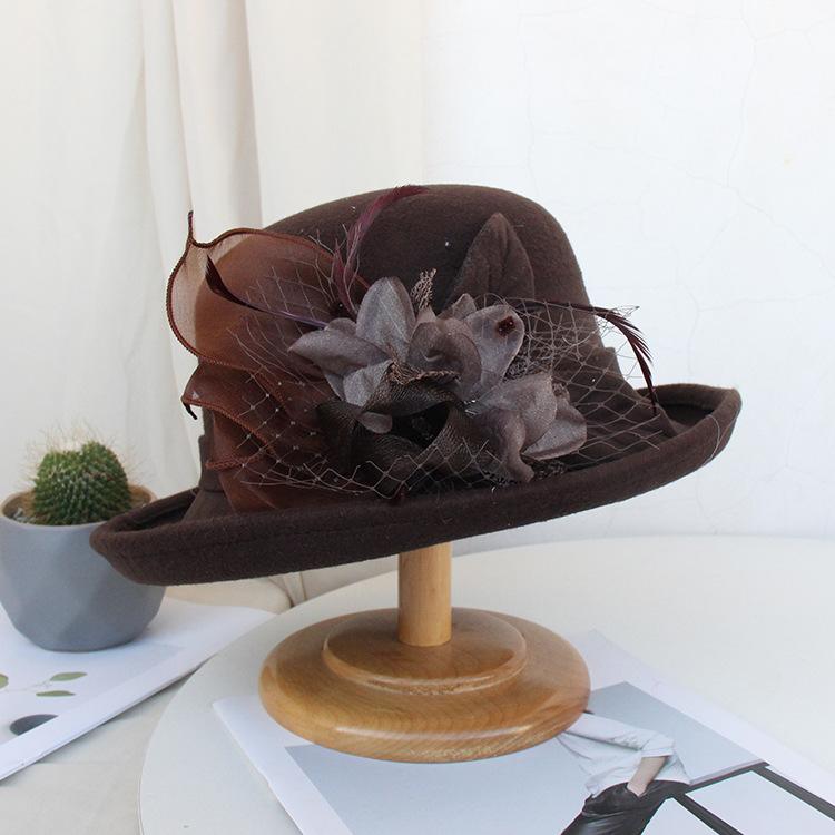 Autumn And Winter Curled Feather Flower Woolen Top Hat Women'S British Retro Casual Bucket Hat Mesh Basin Hat Tide