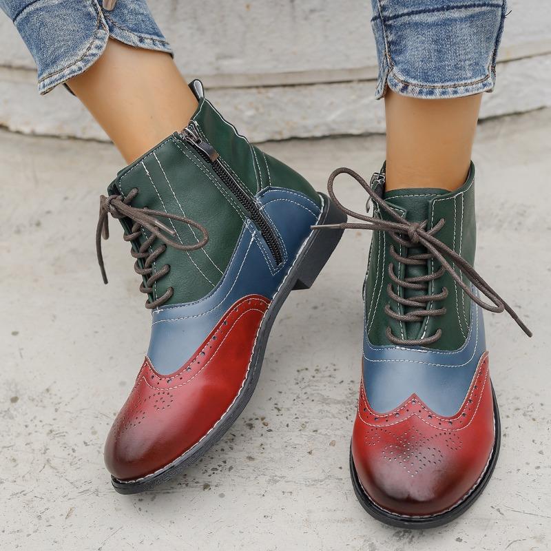 Multicolor Block Heel Single Boots Women's Round Toe Spliced Side Zip Front Lace-Up Soft Sole Non-Slip Shorthole Boots