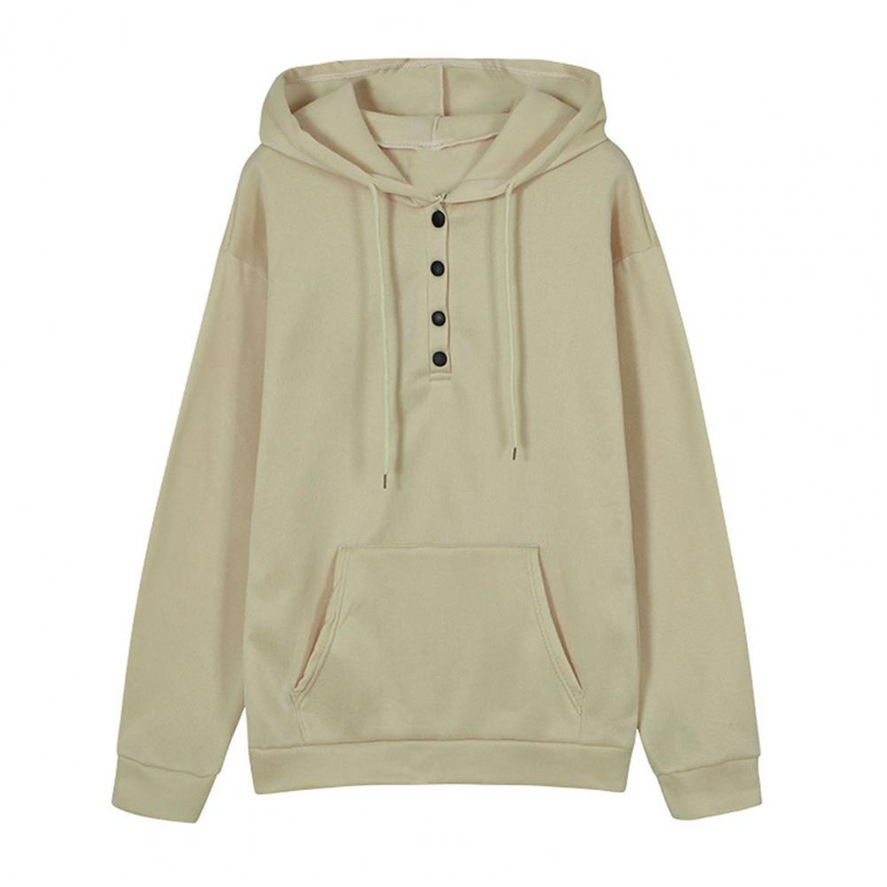 Women Fall Winter Hoodie Long Sleeve Loose Pullover Big Pocket Button Decor Drawstring Casual Soft Warm Hooded Elastic Cuff Lady