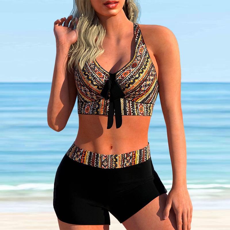 Damski strój kąpielowy z paskiem na ramię. Wielobarwne fale drukuj strój kąpielowy bikini typu tankini