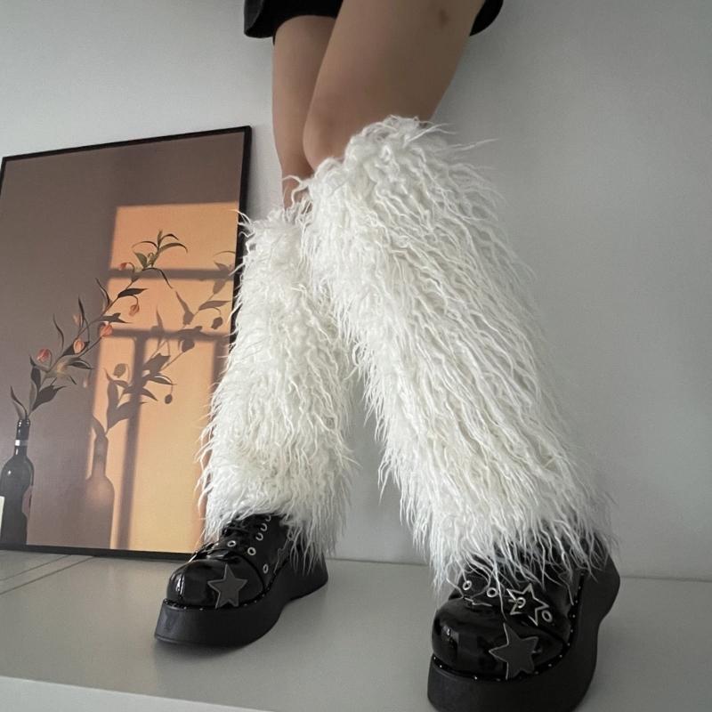 Fuzzy Faux Furs Leg Warmers Furs Heels Long Boots Cuffs Cover Has Elastic One Pair Carnivals Boot Cover Y2K JK Uniform