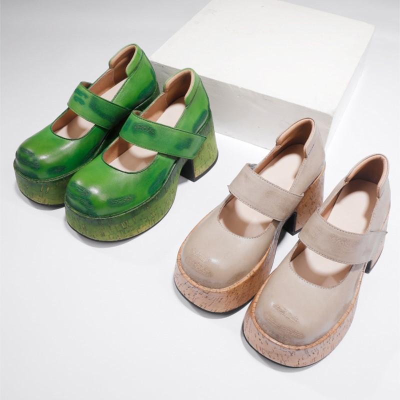 Johnature Zapatos de plataforma de mujer de moda versátiles poco profundos con punta redonda y tacones gruesos de cuero genuino retro