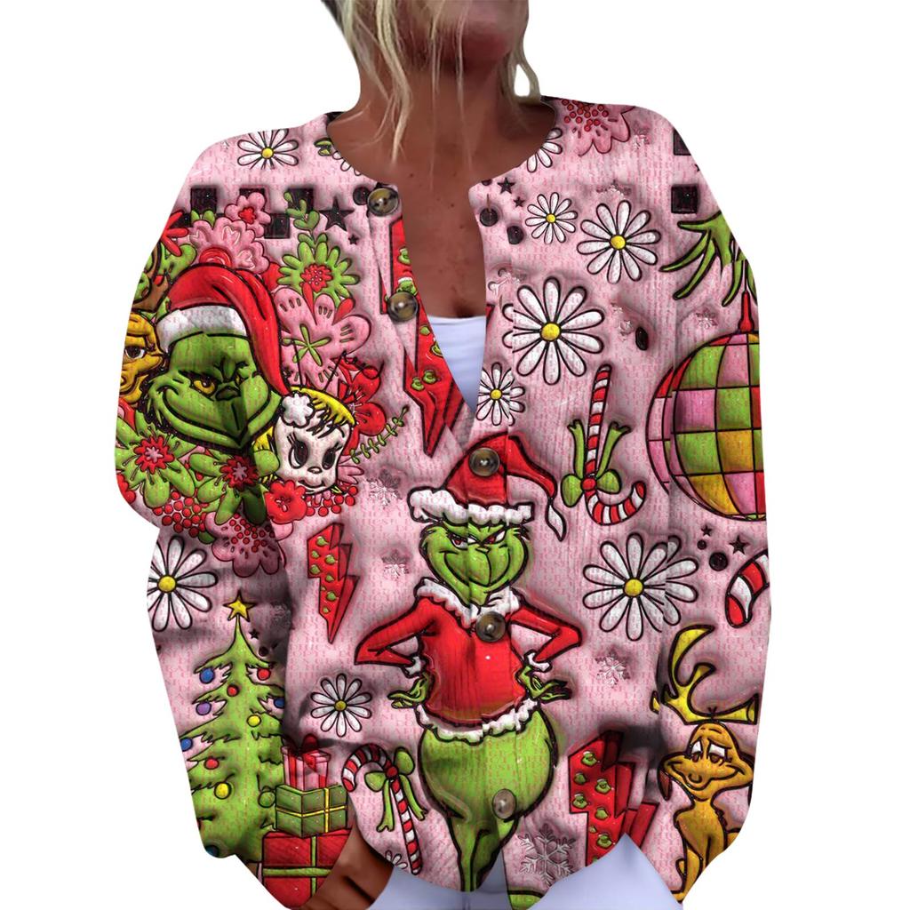 Women's Fashion Christmas Printed Long Sleeve Knitted Cardigan Button Down Jacket