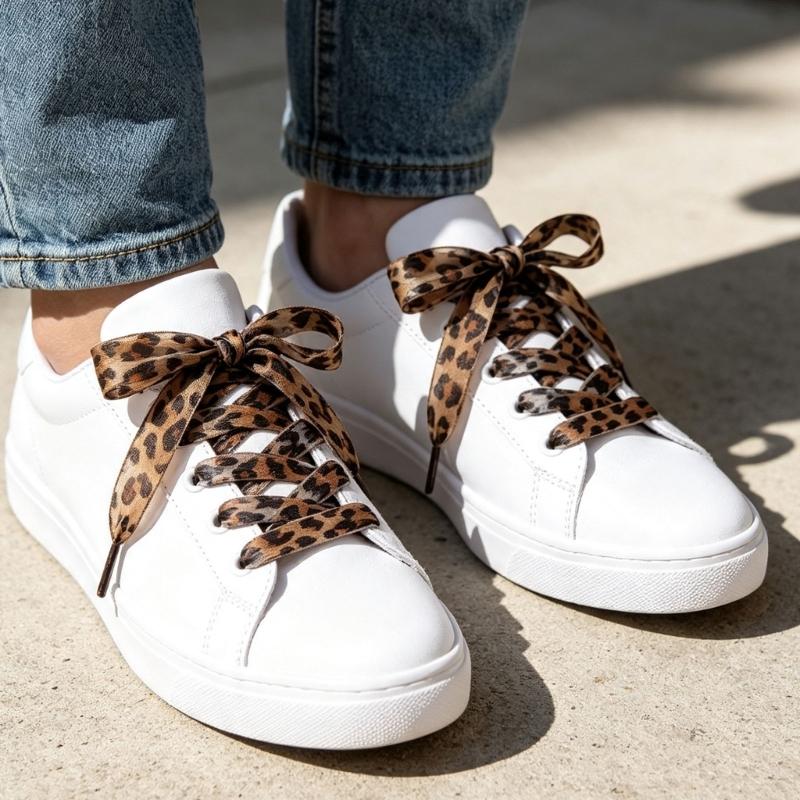 Replacement Ribbon Shoelaces for Canvas Shoes and Sneakers, Leopard Print Sheer Shoelace with Aglets for Footwear Styling, 4 Pair