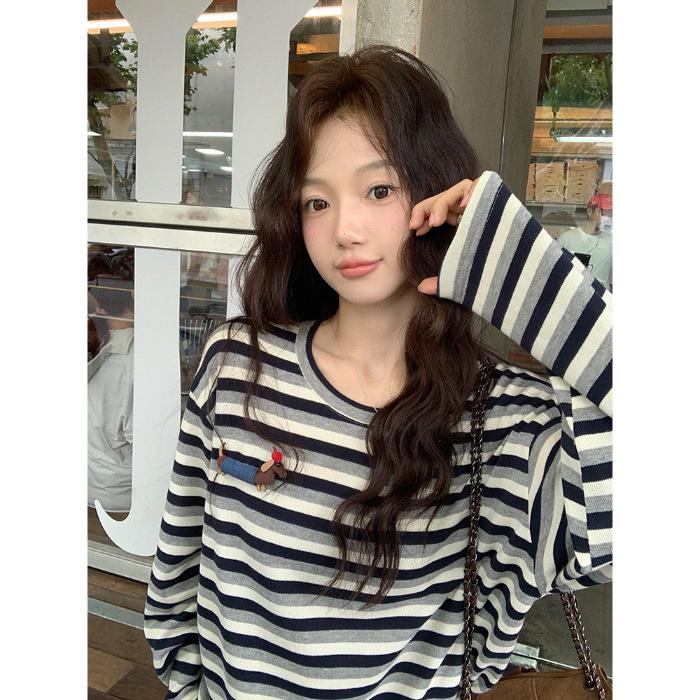 

Japanese Style Sausage Dog Fabric Striped Long Sleeve Tee with Round Neck Extra Large білий/Темно-синій