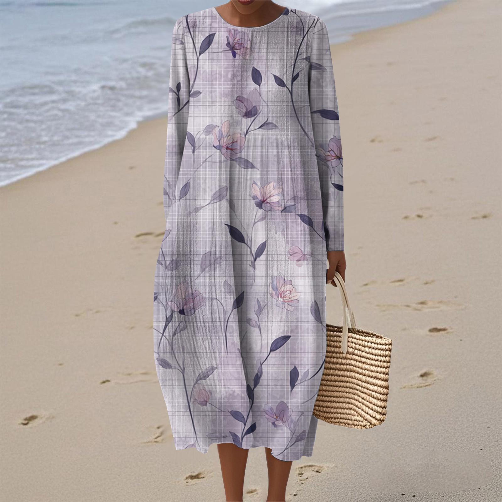 

Women s Fashionable Casual Long-Sleeved Round Neck Floral Print Zipper Dress S