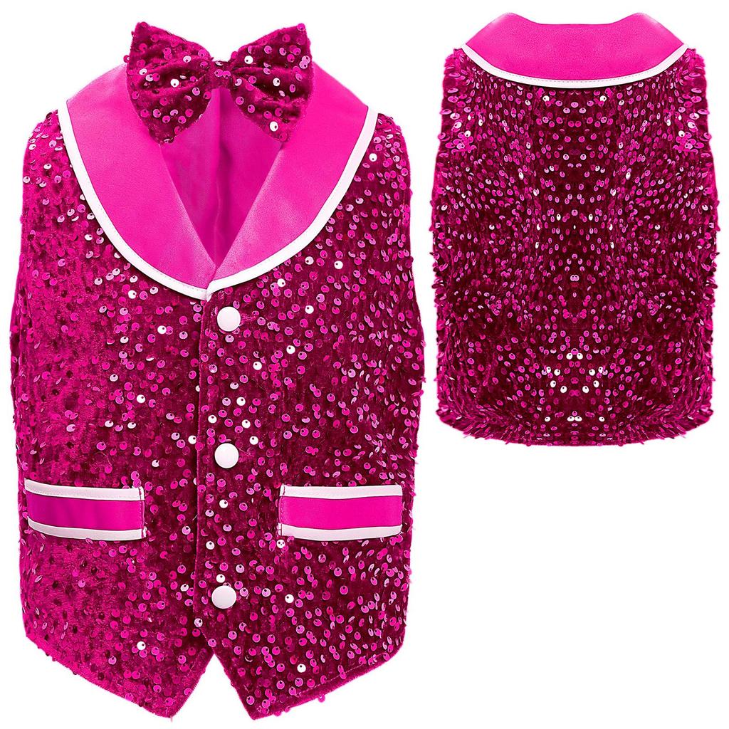 Kids Performance Vest Sparkling Sequins Velvet Buttons Irregular Hem with Bowtie Costume