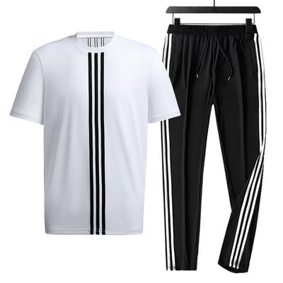 Summer Sports Three Bar Suit Men's Short Sleeved Breathable Casual Straight Leg Pants Men's Extra Large Two-piece Set