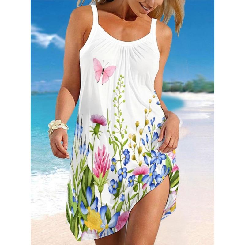 Summer Women s Fashion 3D Flower Pattern Printed Seaside Dress 5XL