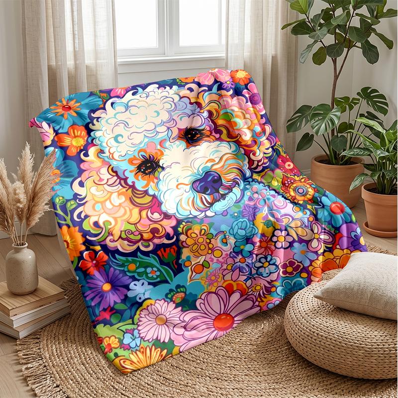 Colorful Dog Pattern with Flowers blanket Personalized Name Flannel Blanket Soft Cozy Plush Throw for Sofa Bed Lightweight Home Decor