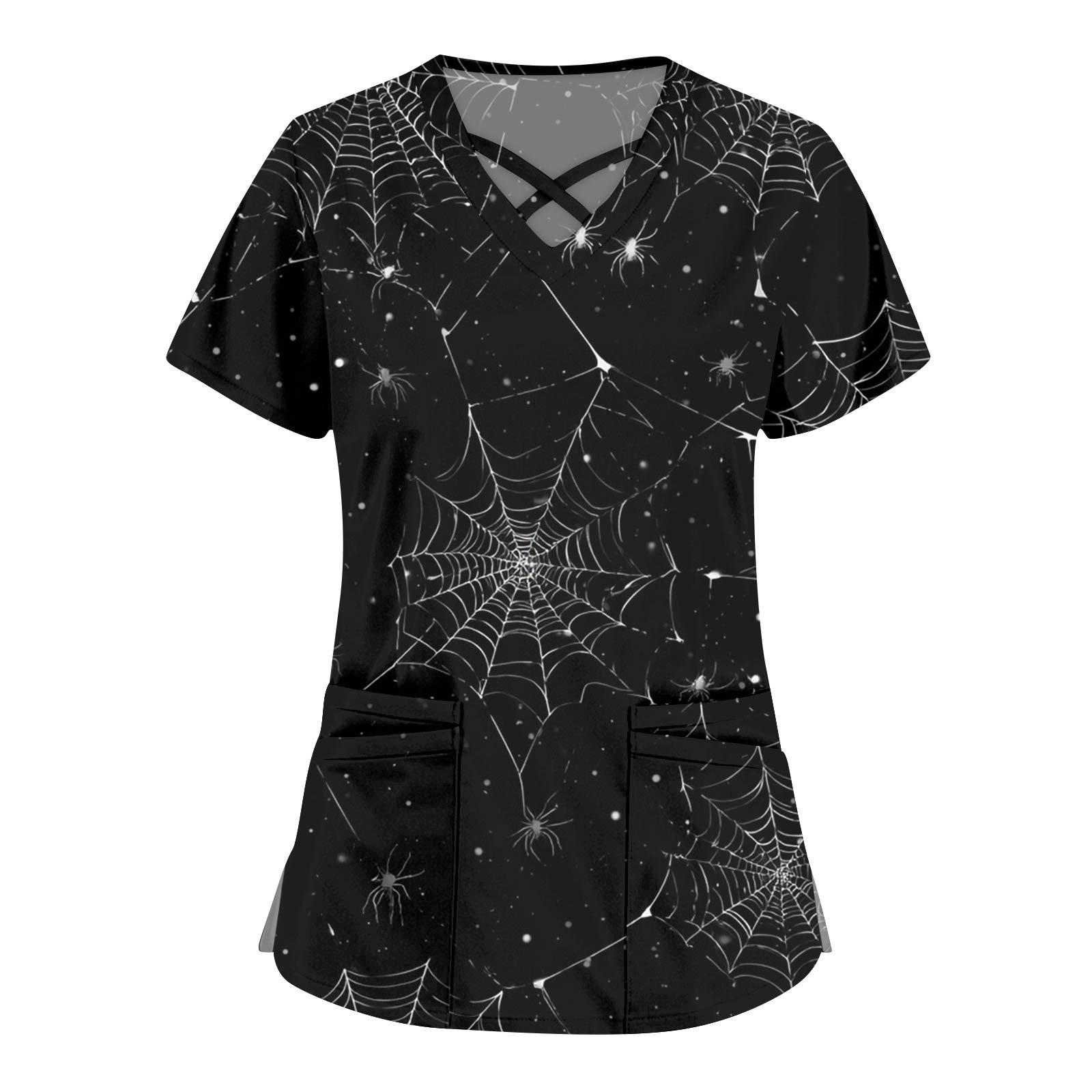 

Женская мода Комбинезоны с перекрестным V-образным вырезом и короткими рукавами Двойные карманы Топы с принтом на Хэллоуин Униформа XXL чёрный