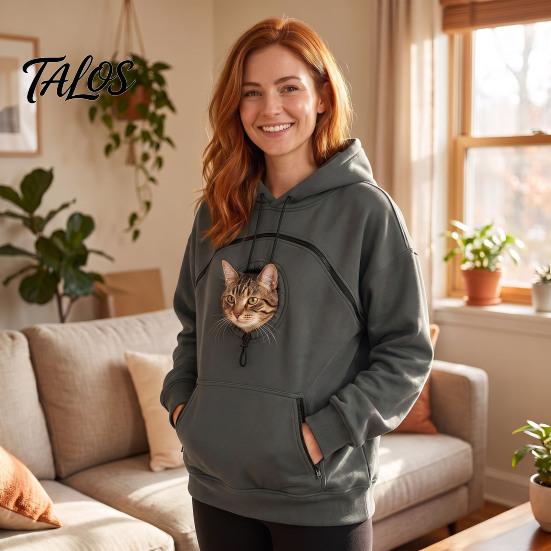 Oversized Women Hoodie Pet Pouch with Head Hole, Hooded Sweatshirt Casual Loose Fit Zipper Pockets, Dog Cat Carrying Pullover Top for Fall Winter Lady