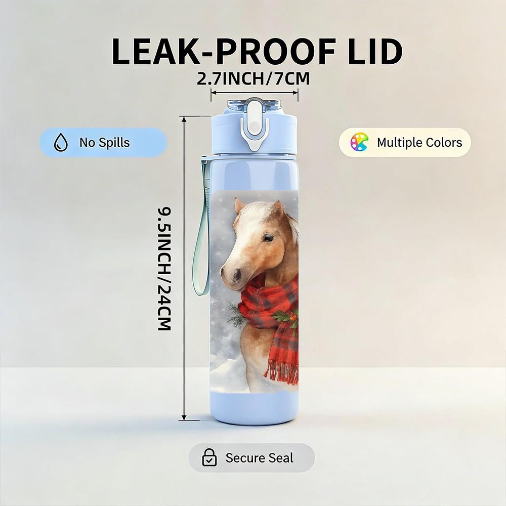 1 Stück Pferd mit Schal Winter-Print 750 ml Farbe Kunststoff Sport-Wasserflasche Auslaufsicher Klappdeckel mit Strohhalm Geeignet für Sport, Büro, Heimgebrauch