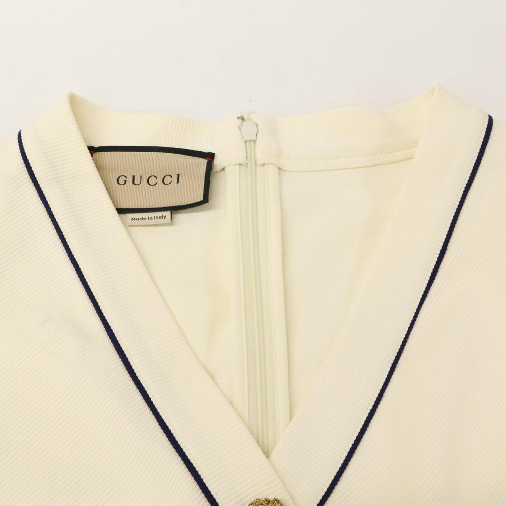 GUCCI 653408/670292 White Blue Trim Jersey Dress with Gold Button Wrap Dress dress S whiteUsed