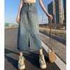 Summer Women High-waist Retro A- Line Skirt Pockets Front Slit Washed Blue Denim Skirts Hip-covering Straight Long Jeans Skirt