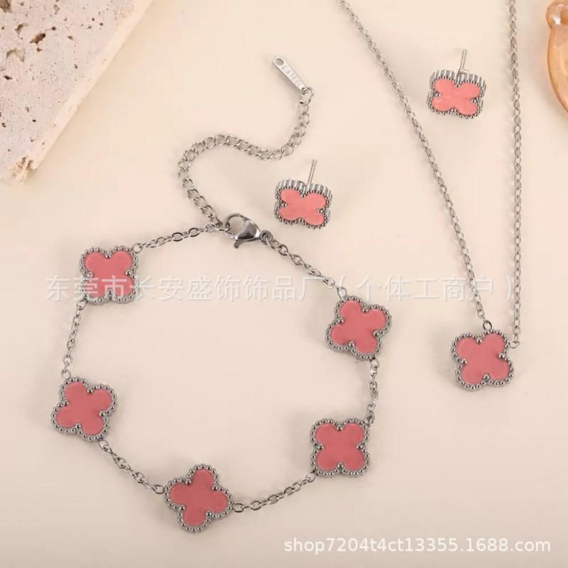 13mm Clover Pendant Necklace Earring Bracelet Set Women 18K Gold Plated Titanium Steel Jewelry Fashion OL Style