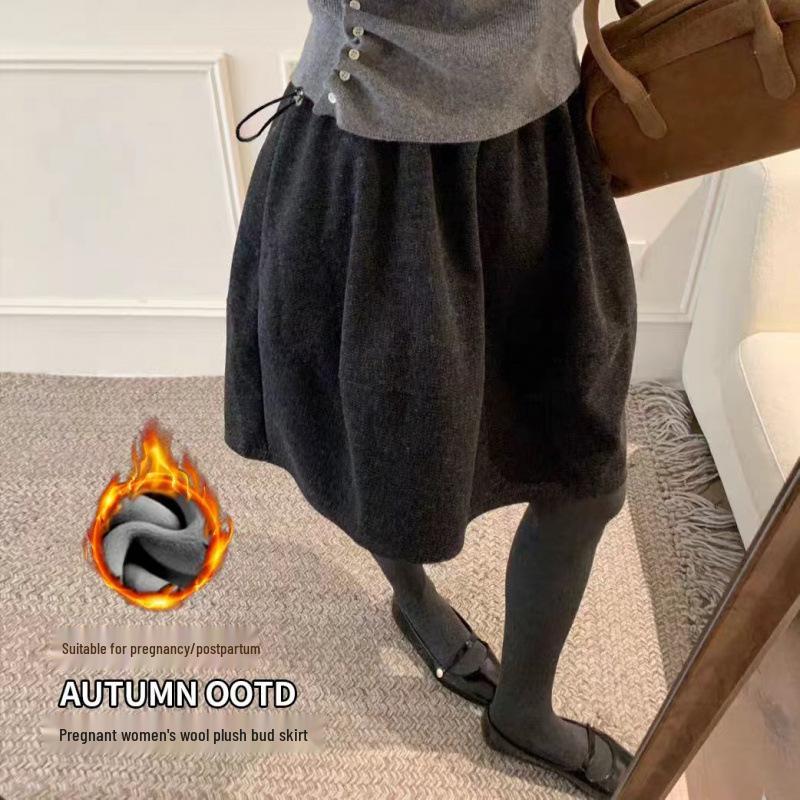 Gray Plus Velvet Woolen Maternity A-Line Skirt for Autumn/Winter - Petite Umbrella Style XXL