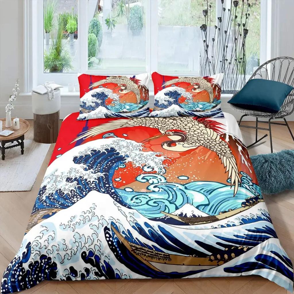Comforter Japanese Wave King Queen Blue Sea Bedding Set Maple Leaf Moon Hokusai Ukiyo-E Polyester Comforter