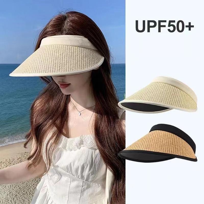 Chapeau de soleil en paille d'été pour femme, protection solaire d'extérieur, casquette vide, protection UV, visière à large bord
