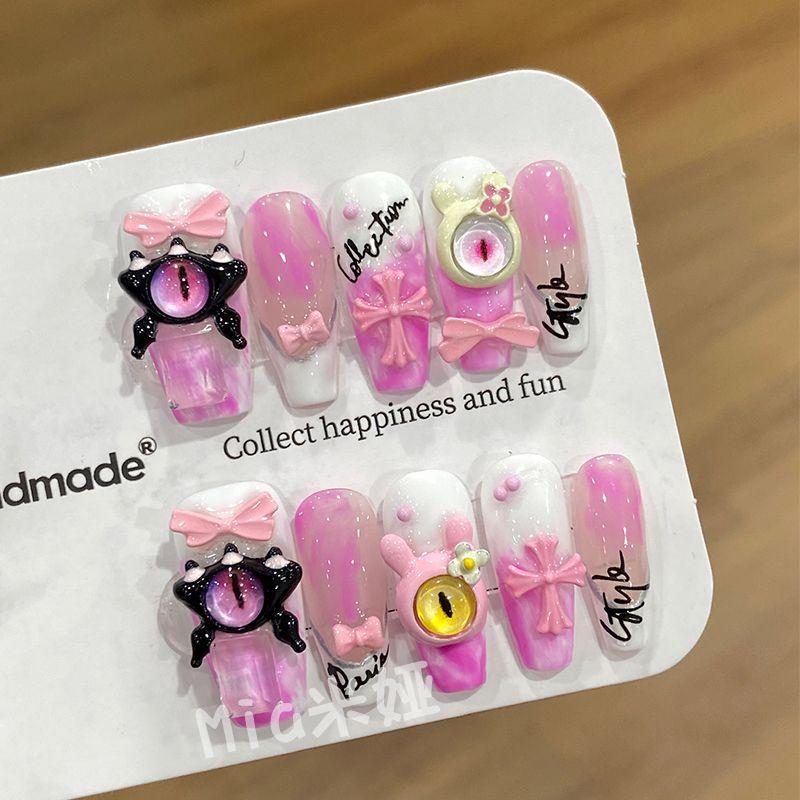 

Handmade Wear Armor Niche Style Blue Devil Little Monster Student Childlike Nail Stickers Long 2024 New Arrival Pink Deviruchi-size M-Long Ladder