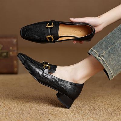 Mode Nouvelles Chaussures Femme Printemps Cuir de Mouton Bout Carré Escarpins Femme Chaussures pour Femmes Talon Carré Mocassins Mode Décontracté Chaussures à Talon Bas