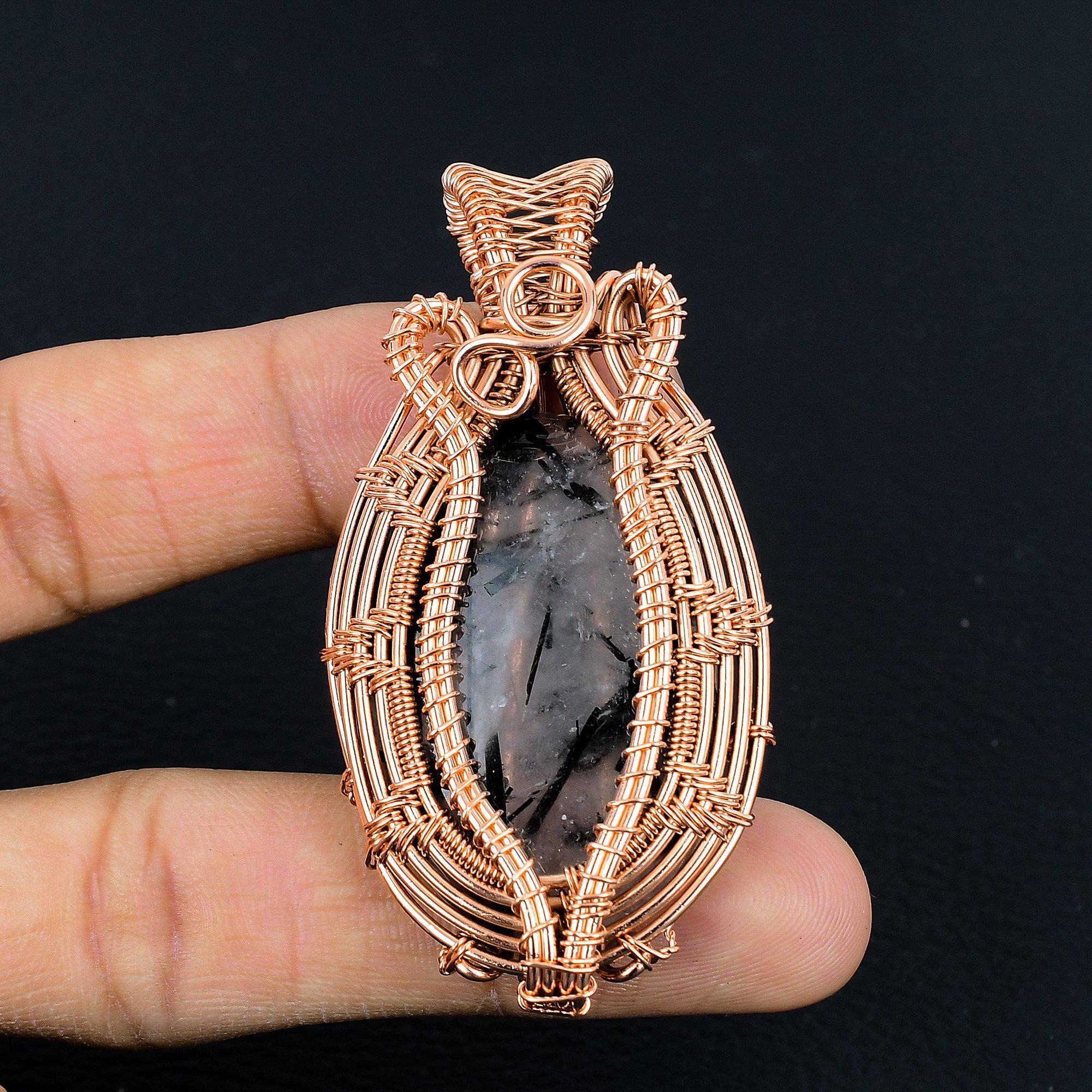 

Black Rutile Gemstone Jewelry, 999 Copper Wire Wrapped Pendant, Beautiful Silver Pendant, Handmade Bohemian Jewelry For Wedding Gift 2.55 Inches