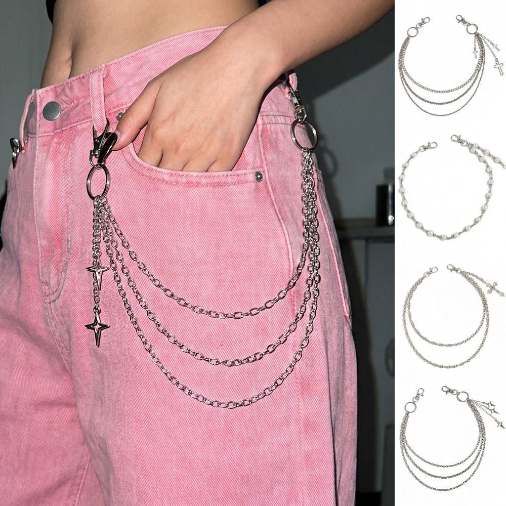 Zinc Zinc Zinc Alloy Star Pendant Pants Chain Pearl Metal Waist Chain Cool Bag Chain  Male