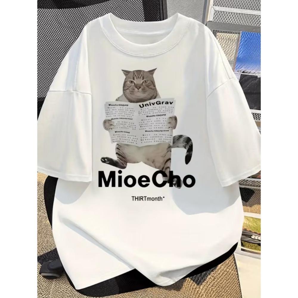 Funny Vintage Reading Newspaper Cat Print T-Shirt Unisex Oversized Crew Neck Tee Summer Streetwear S