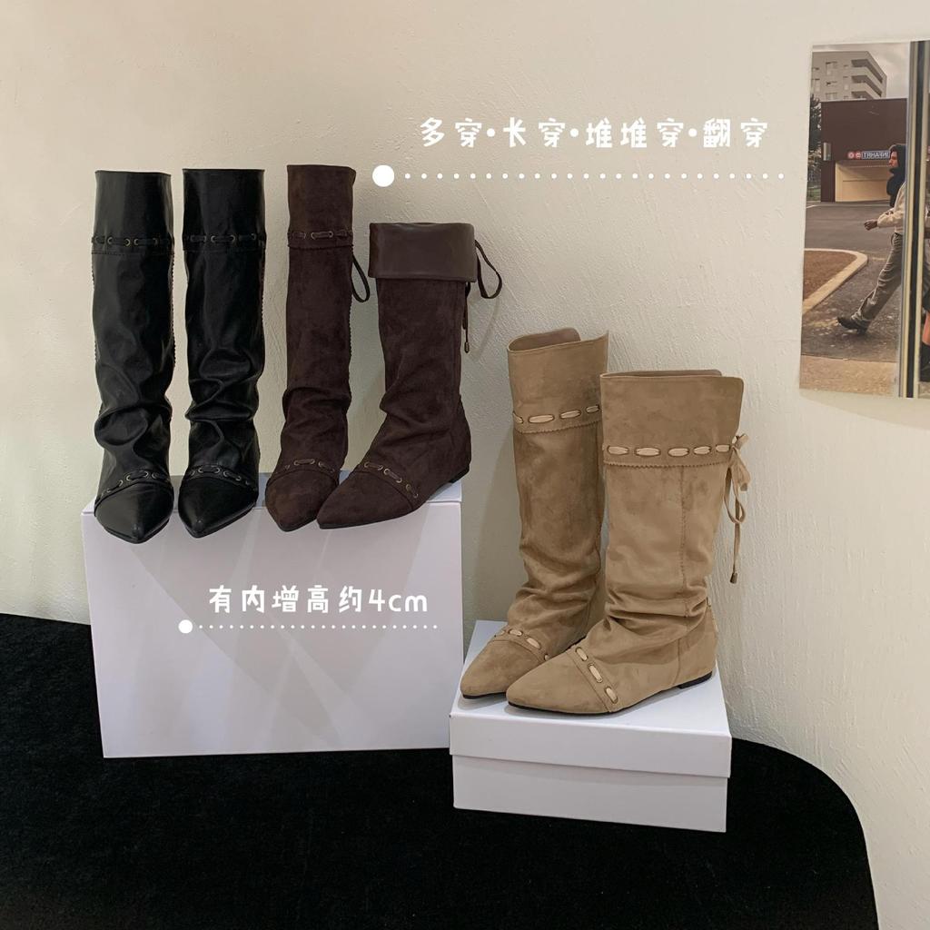 Design sense Spice girl wedge trouser boots autumn and winter new pointed but knee mid-heel fashion boots temperament fashion boots