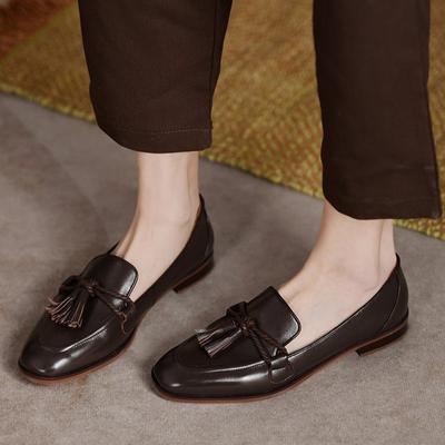 Women Retro Preppy Loafers Soft Leather Thin Shoes Fashion Small Heels Bows Tassels Pumps Slip-on Casual Shoes Lady Work Shoes