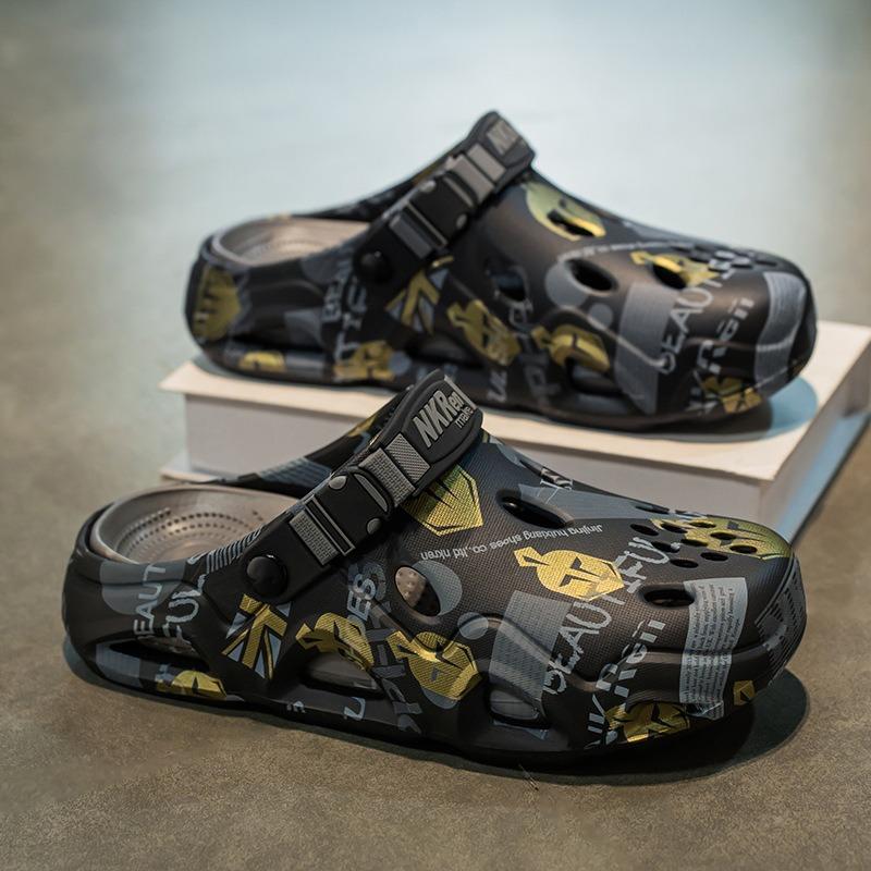 Men Graffiti Print Clog Sandals Breathable Hollow Out EVA Slippers with Adjustable Strap for Outdoor Beach Wear 39 серый