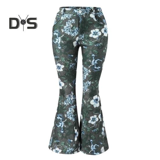 Women Denim Pants High-Waisted Floral Print Flared Jeans with Pockets Belt Ring Lightweight Breathable Jeans