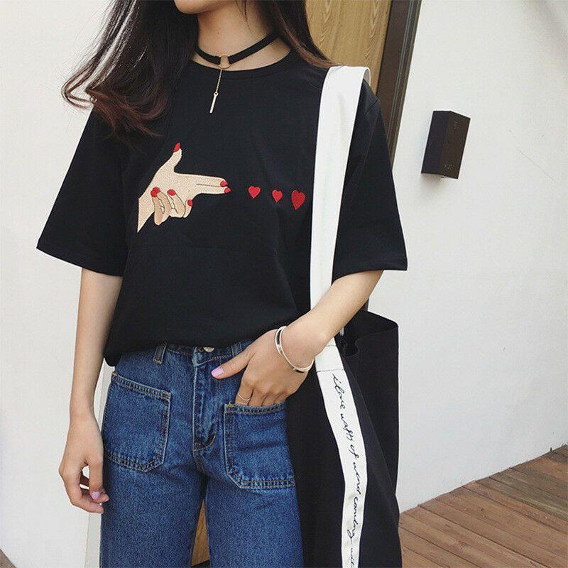 Fashion Women Girl Korean Summer Heart Print Casual T-shirt With Short Sleeves