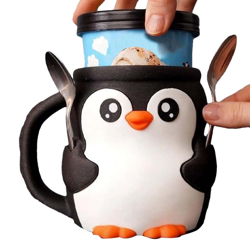 16oz Cute Penguin Ice Cream Pint Holder 3D Printing Pebbles The Penguin Ice Cream Pint Containers with Antifreeze Handle & Spoon