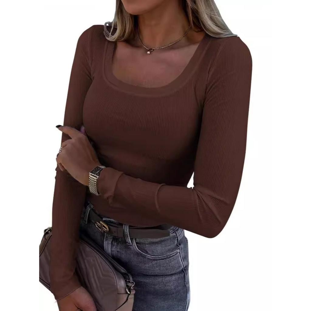 Vår og Høst Ny Ensfarget Løs Casual Dame Langermet T-skjorte, Egnet for Daglig og Hjemmebruk, Maskinvaskbar