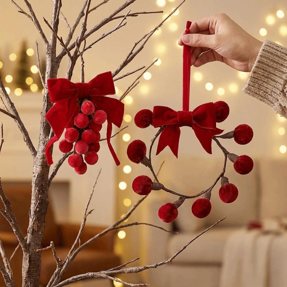 Wreath Shape Velvet Bow Christmas Ornament Christmas Pom Pom Pendant Winter Party Decoration