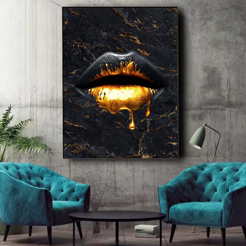 Gold Lips Canvas Painting Graffiti Style Poster Dollar Art Prints Bedroom Wall Decoration Murals For Modern Home Decor Aesthetic