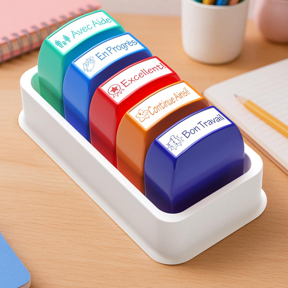 Colorful German & French Teacher Stamps Set - 8 Motivational and Encouraging Designs for Classroom & Homework