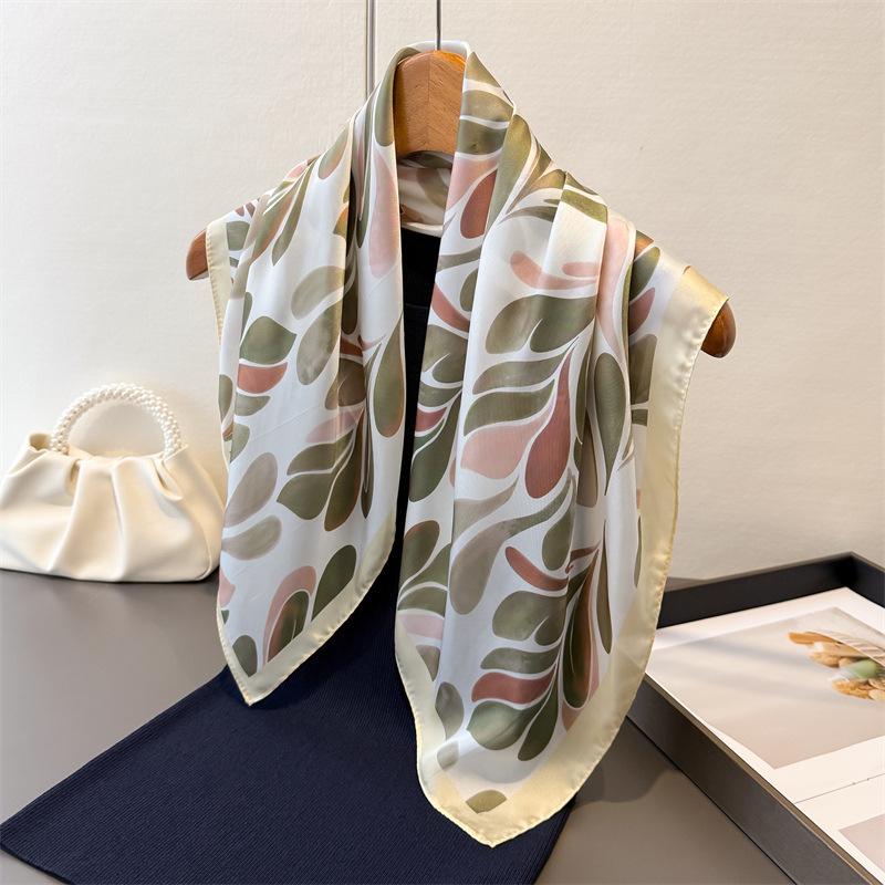 Soft Leaf Print Elegant High-end Silk Scarf Imitation Square Shawl Versatile Neck Small Women