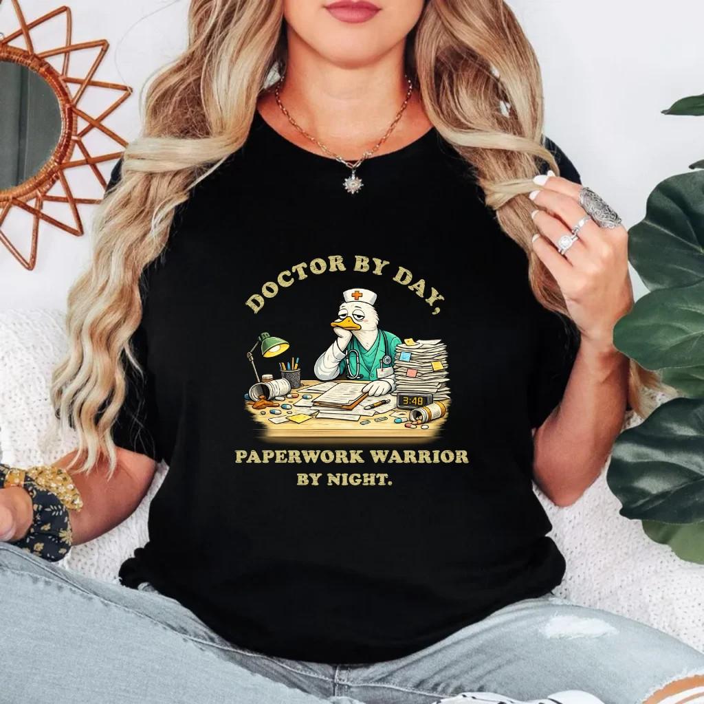 Funny Doctor Duck Shirt Doctor By Day Paperwork Warrior By Night Graphic Tee M