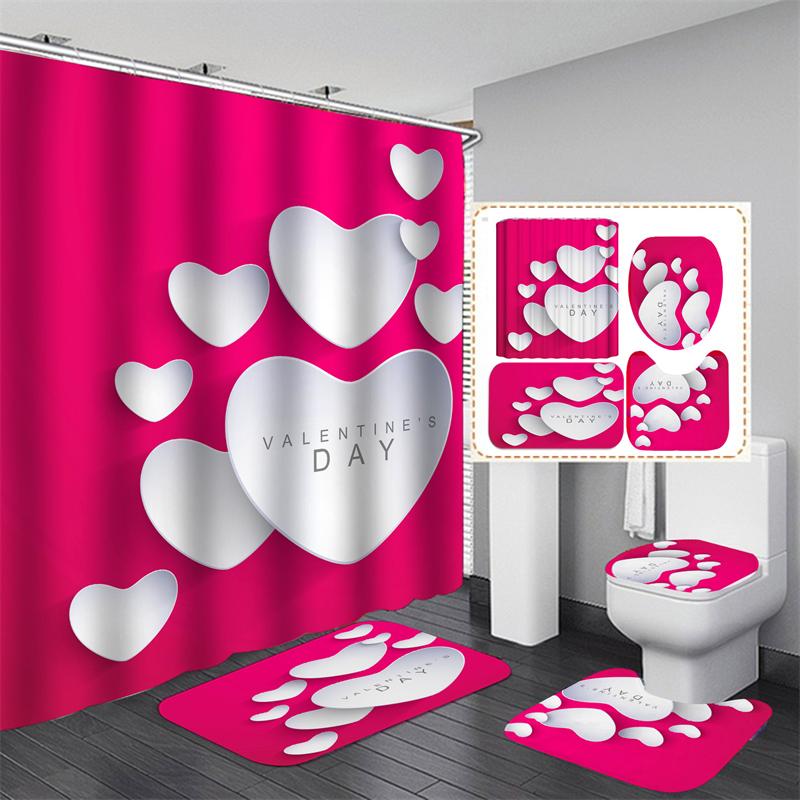 Valentine's Day Bathroom Bathing Waterproof Shower Curtain Home Entrance Doormat Bathtub 4Pcs Set Toilet Seat Cover Rugs Bath Non-Slip Floor Mat Love