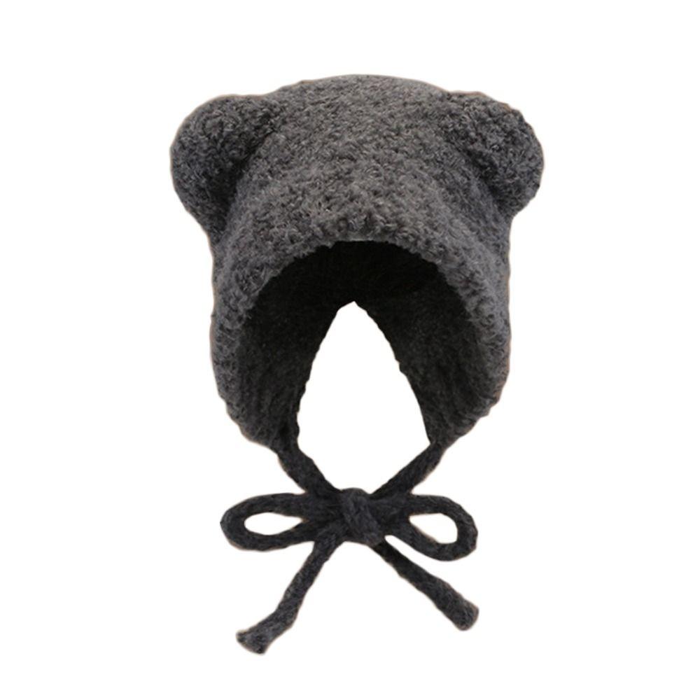 Lace-up Ear Protection Hat Warm Plush Beanie Cap Cute Bear Ears Knit Hat Cold Weather