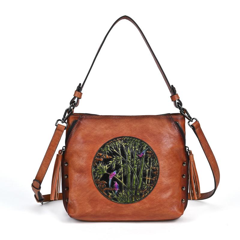 Johnature Vintage Embossed Women's Bag Genuine Leather Large Capacity Versatile Shoulder & Crossbody Bags