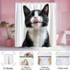 Cute Black and White Cat Shower Curtain Cat Licking Lips Happy Expression Pet Lover Decor Waterproof Fabric Bath Curtain Set