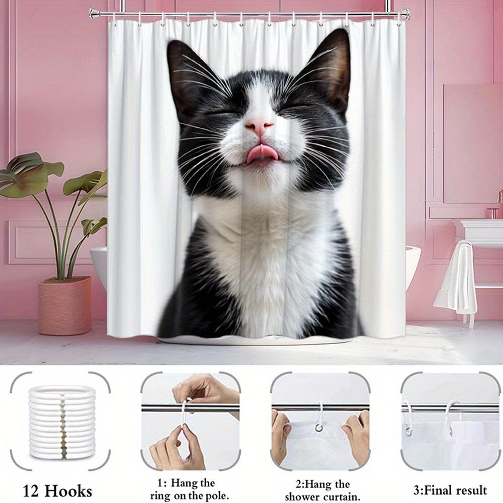 Cute Black and White Cat Shower Curtain Cat Licking Lips Happy Expression Pet Lover Decor Waterproof Fabric Bath Curtain Set
